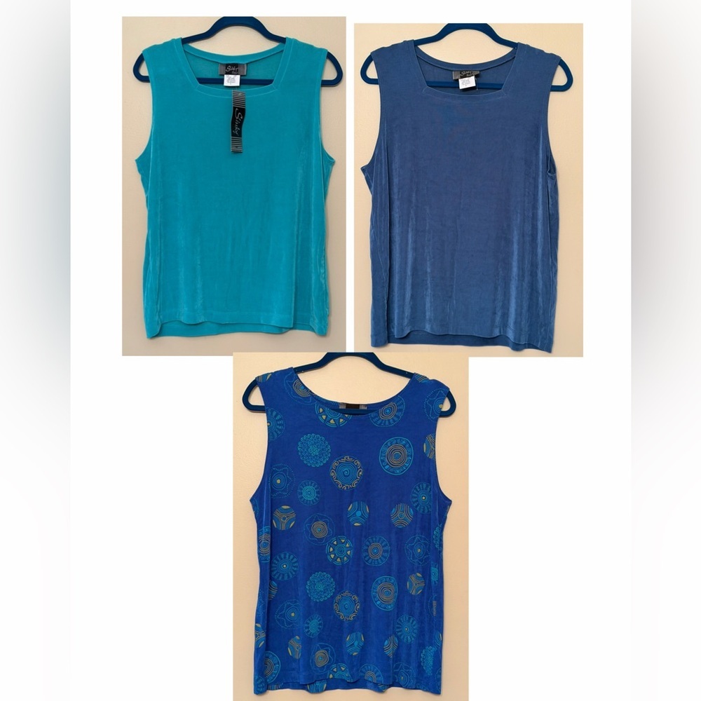 Set of 3 Slinky Brand tank tops in blue and teal Size L